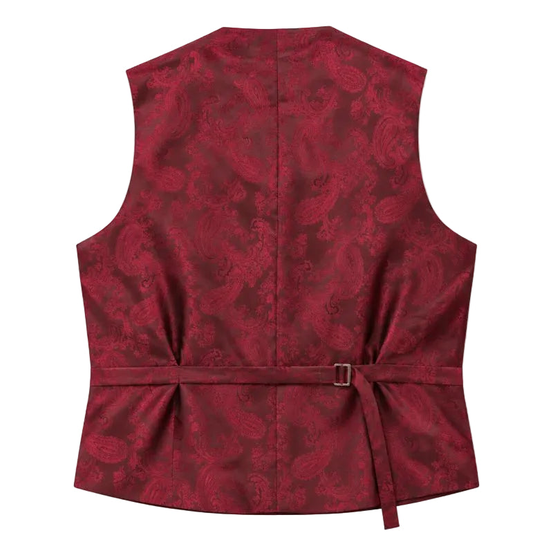 A sleeveless red waistcoat vest with an intricate paisley pattern, featuring a matching tie belt with a small metal buckle at the back, shown against a plain white background.