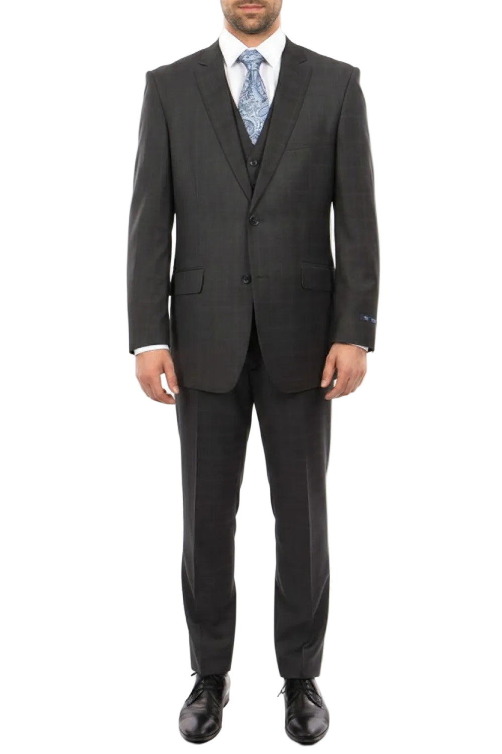 Wool Suit Modern Fit Windowpane 3 Piece in Dark Gray