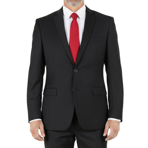 Black suit with a red tie on a white background
