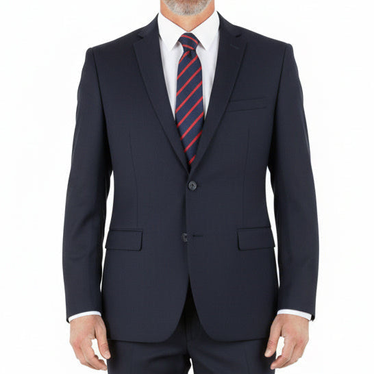 Navy suit with a striped tie on a white background