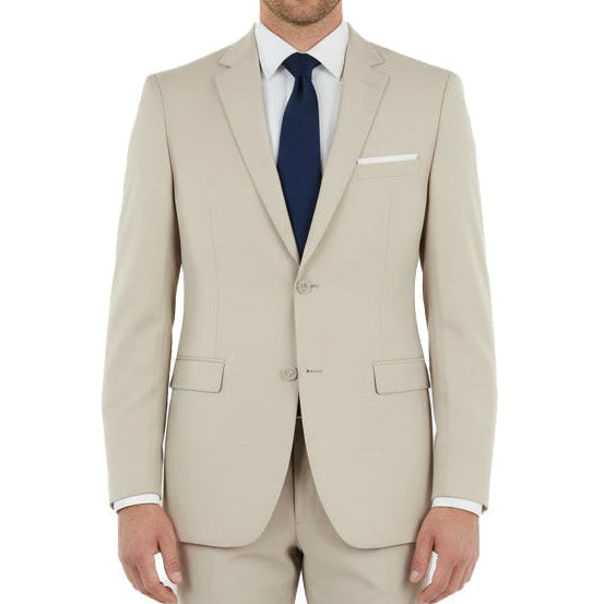 Beige suit with a navy tie on a white background