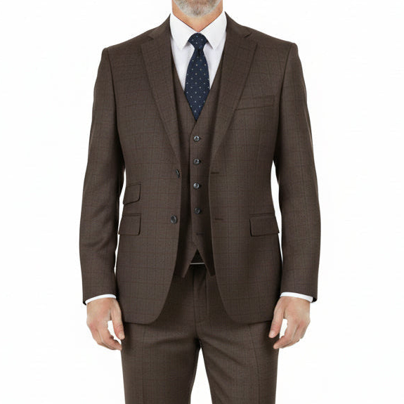 Brown Glen Plaid 3 Piece Regular Fit Suit, checkered, featuring jacket, vest, trousers, and a tie.