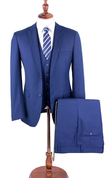 Detail shot: Maeza dark blue regular fit 3-piece suit. Luxurious fabric, classic notch lapel, and elegant tie.