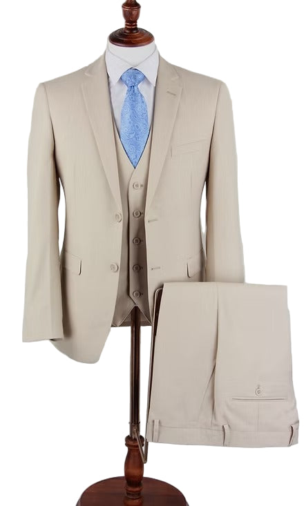 Beige suit with a blue tie on a mannequin against a white background