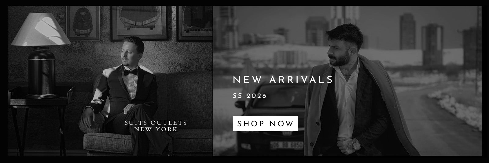 Two men in suits with text 'New Arrivals' and 'Shop Now' on a black and white background.