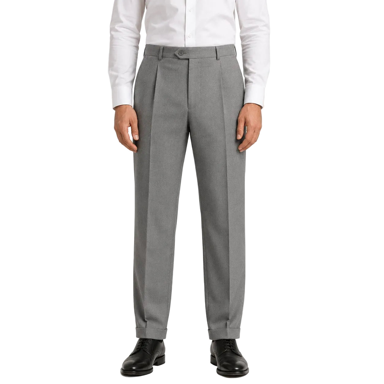 A man wearing gray pleated dress pants with a white dress shirt and black dress shoes, shown from the waist down on a plain white background.