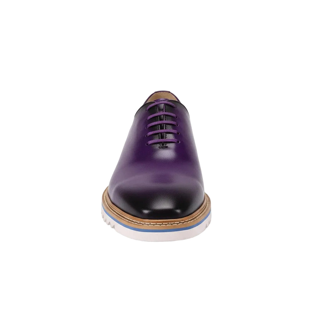 Purple leather shoe with brown laces on a white background