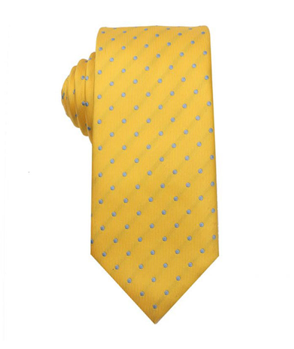 A yellow necktie with a repeating pattern of small light blue dots, shown on a plain white background.