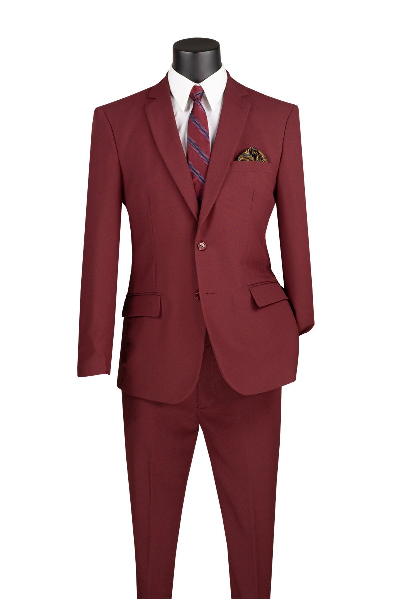 Maroon suit with a striped tie and pocket square on a mannequin against a white background
