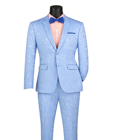 Light Blue Tone on Tone Paisley Pattern Slim Fit Men's 2 Piece Suit