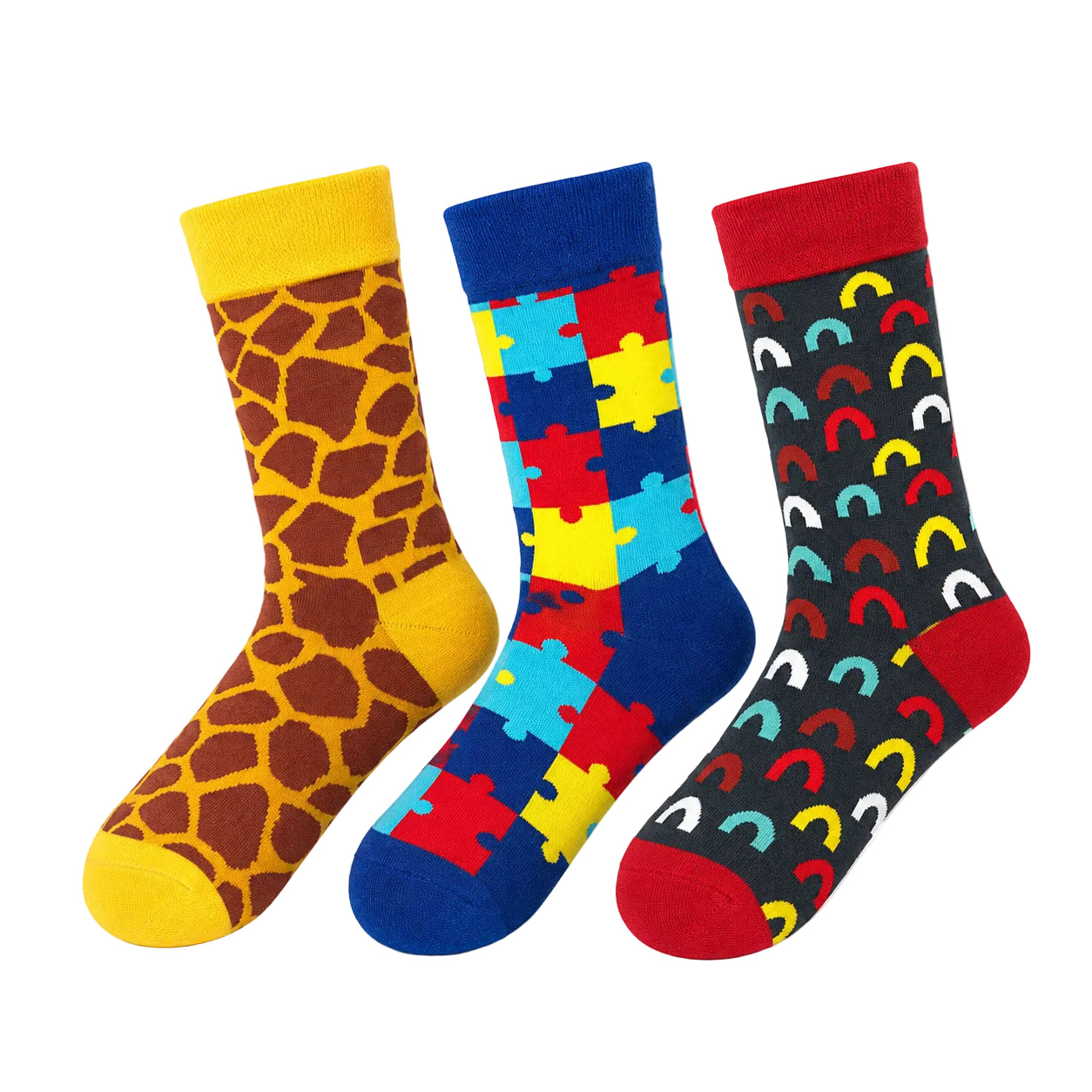 Three pairs of colorful crew socks displayed side by side on a white background. The left sock has a giraffe print pattern in brown and yellow.