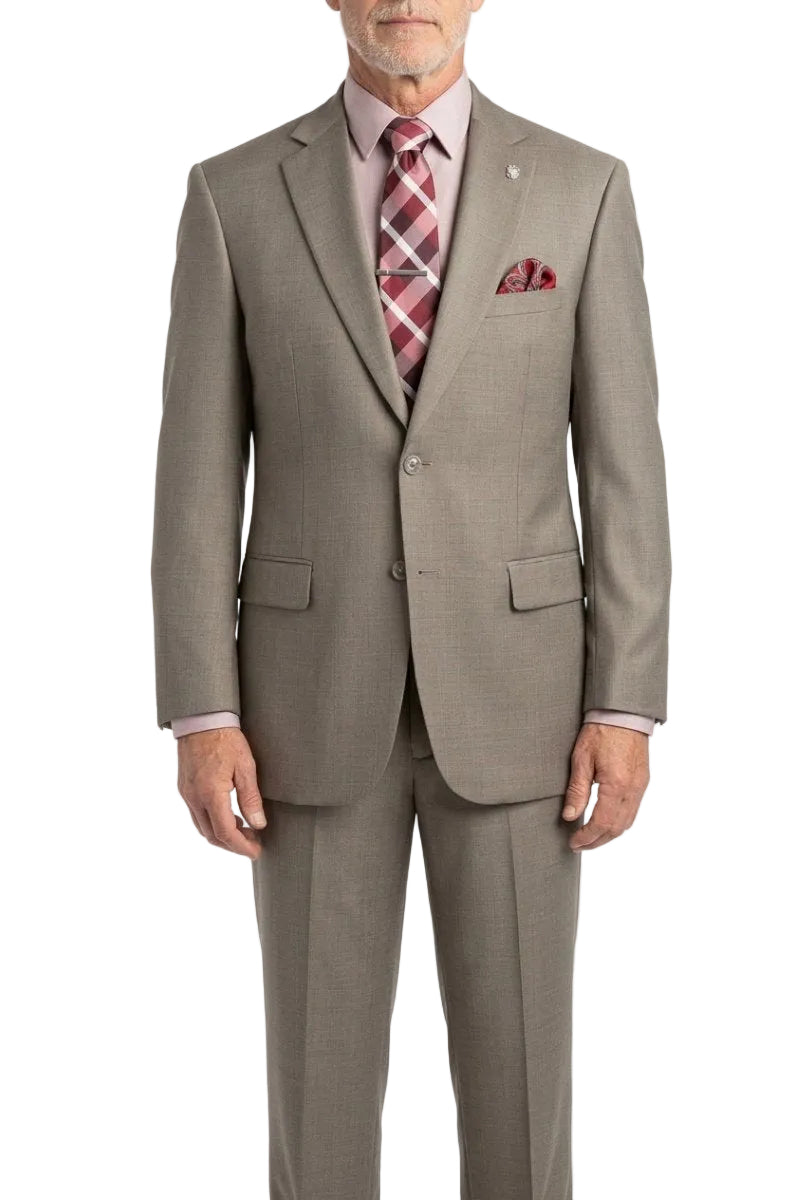 A man wearing a light taupe-gray two-piece suit with a pink dress shirt, a red and white plaid tie, and a matching pocket square, shown against a plain white background.