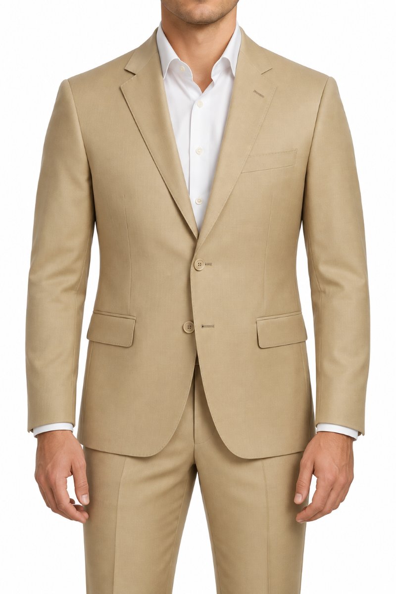 (36R, 40, 42R, 46R, 54R) 100% Virgin Wool Regular Fit Pick Stitched 2 Piece Suit - Tan