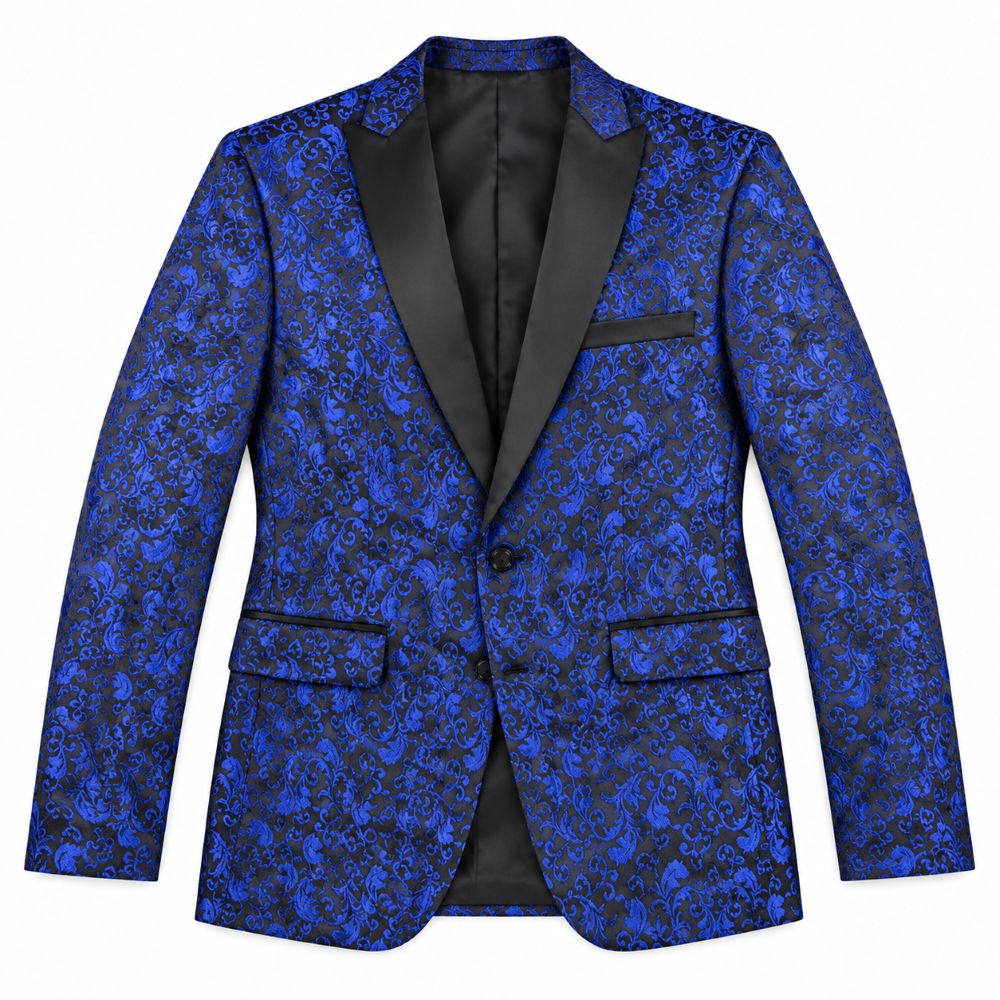 Blazer bleu coupe classique pour homme à motif floral et revers en pointe, vue de face