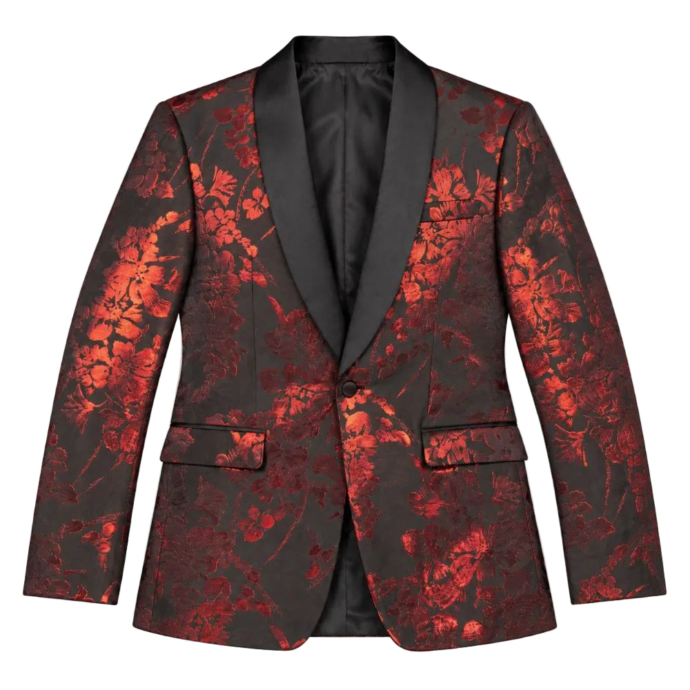 A men's single-breasted tuxedo jacket featuring a black satin shawl collar and a red and black floral brocade patterned body, displayed on a clean white background.