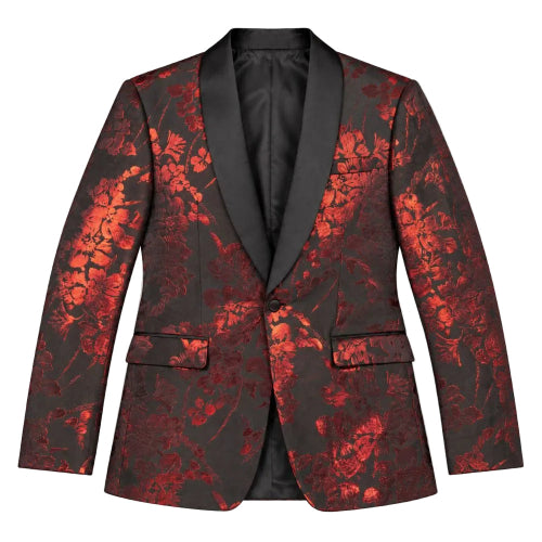 A men's single-breasted tuxedo jacket featuring a black satin shawl collar and a red and black floral brocade patterned body, displayed on a clean white background.
