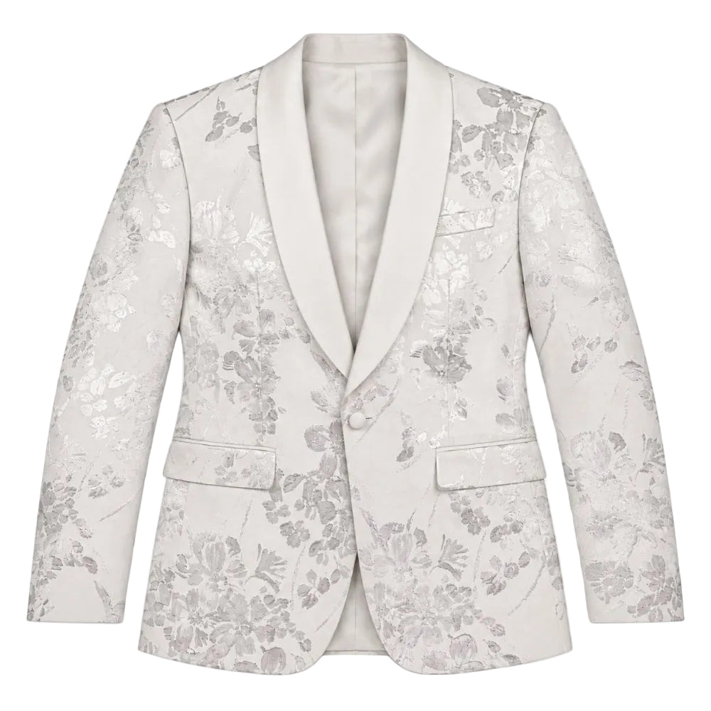 A women's tailored blazer with a shawl collar, featuring a light beige and silver floral brocade pattern, shown against a plain white background.