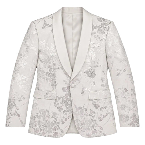 A women's tailored blazer with a shawl collar, featuring a light beige and silver floral brocade pattern, shown against a plain white background.