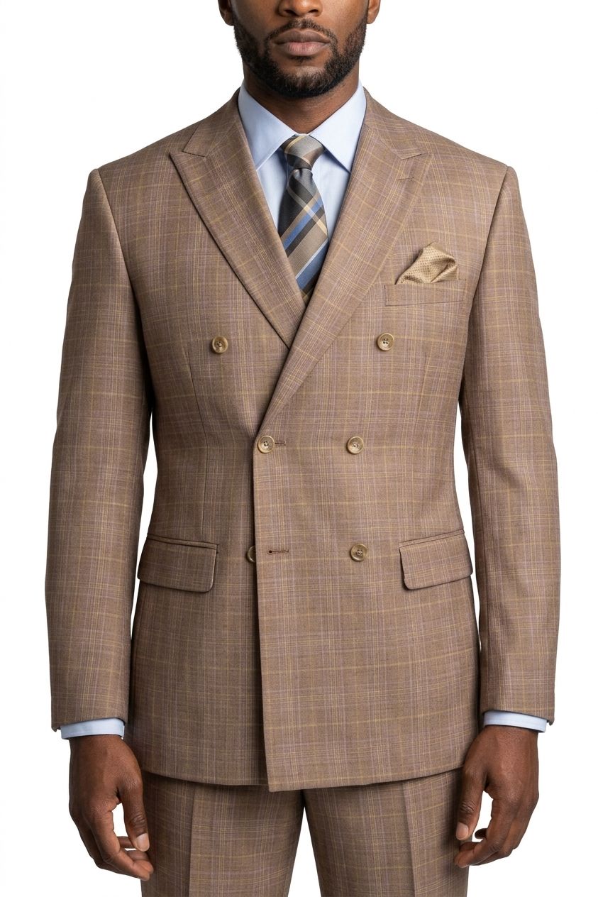A man wearing a brown double-breasted suit with a subtle windowpane plaid pattern, paired with a light blue dress shirt and a striped tie, against a plain white background.