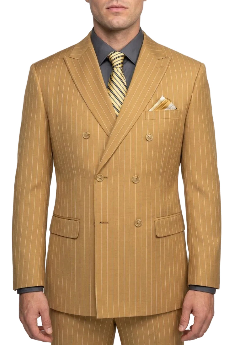 A man wearing a tan double-breasted pinstripe suit with a gray shirt and a yellow striped tie, shown from the waist up against a white background.