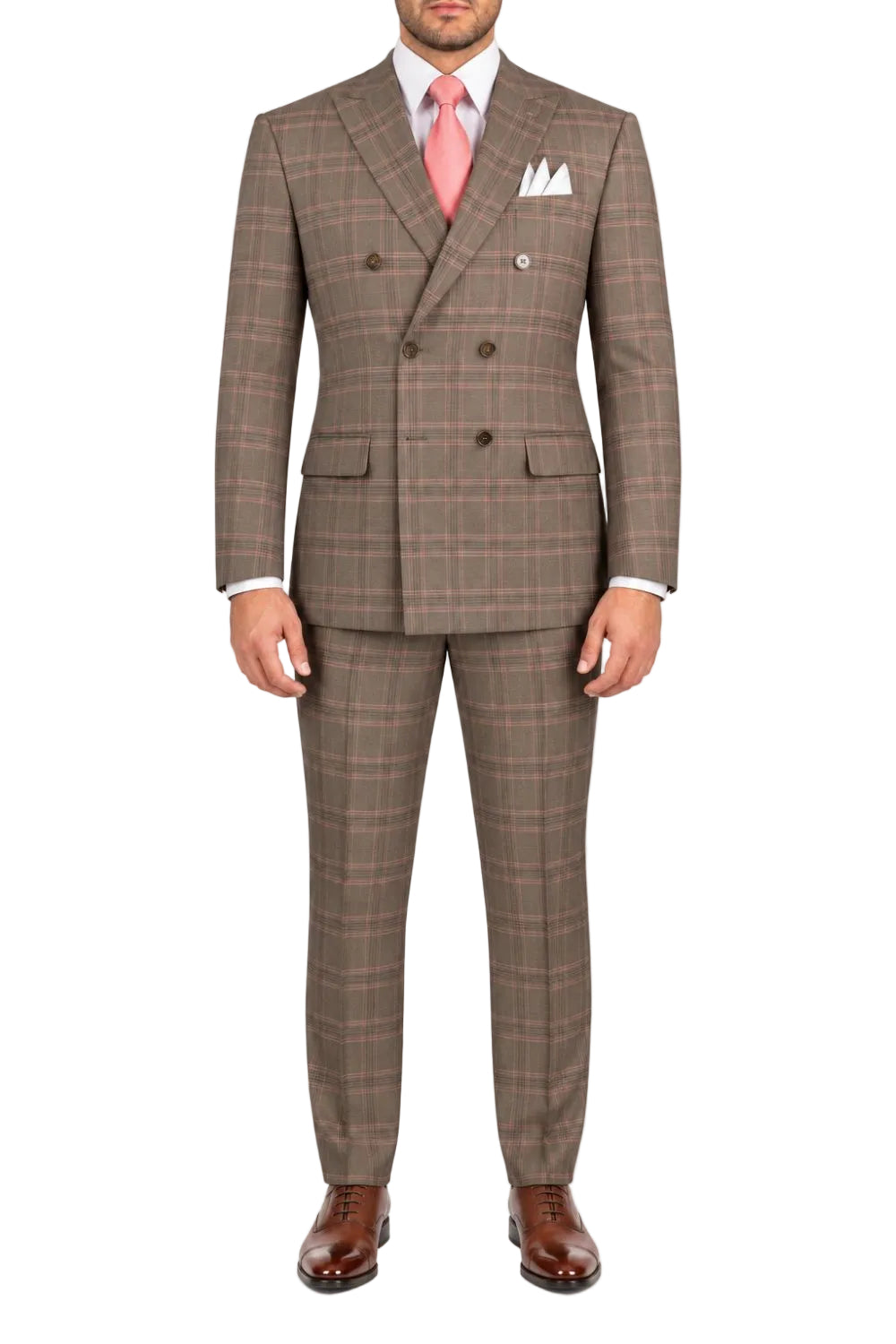 A man wearing a brown double-breasted suit with a subtle windowpane plaid pattern, paired with a pink tie, white pocket square, and brown leather dress shoes, shown against a plain white background.