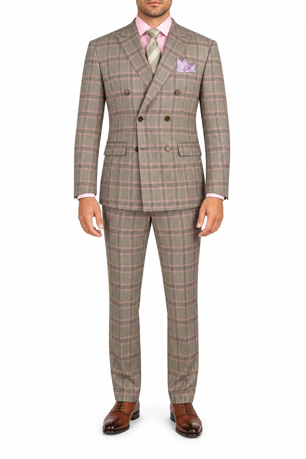 (44L, 44S, 50L, 50R, 56R) Modern Fit 2-Piece Double Breasted Glen Plaid Suit - Light Taupe