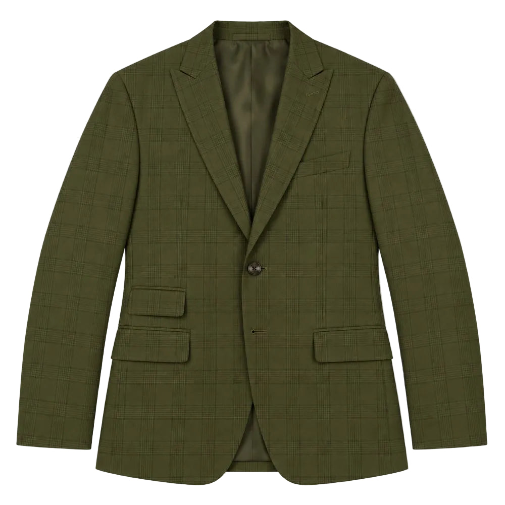 An olive green blazer with a subtle windowpane check pattern, featuring notch lapels, a two-button closure, and flap pockets, shown against a plain white background.