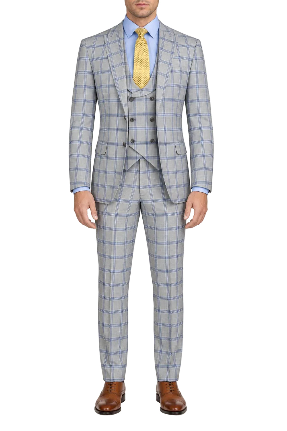 A man modeling a light blue and white windowpane plaid three-piece suit, including a jacket, vest, and trousers, paired with a light blue dress shirt, yellow tie, and brown leather dress shoes, against a plain white background.