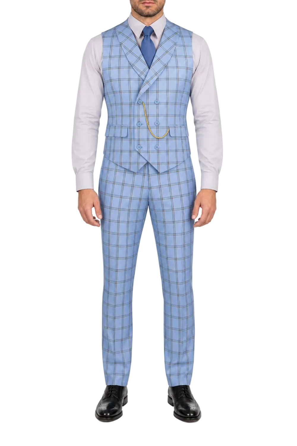 A man modeling a light blue and white plaid three-piece suit, featuring a double-breasted vest, matching trousers, and a light blue tie, against a plain white background.