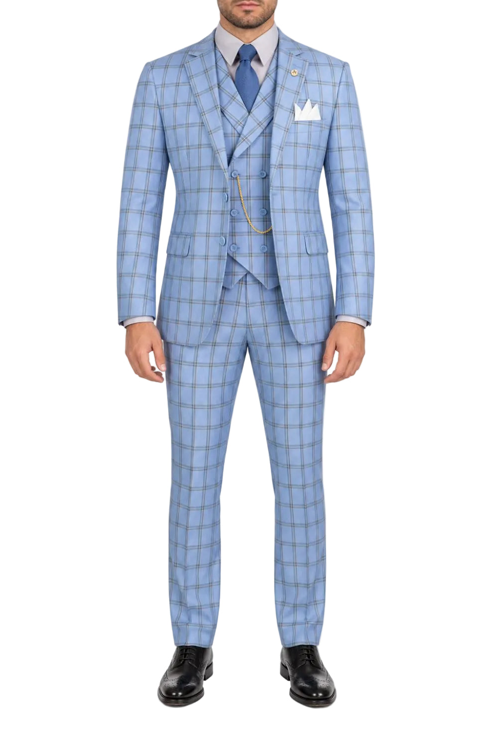A man wearing a light blue three-piece suit with a subtle windowpane plaid pattern, paired with a blue tie, white pocket square, and black dress shoes, photographed against a plain white background.