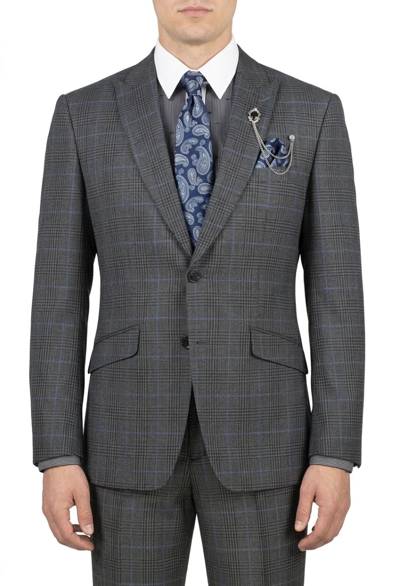A man wearing a gray and black windowpane plaid suit with a white dress shirt and a red and white striped tie, shown from the waist up against a white background.