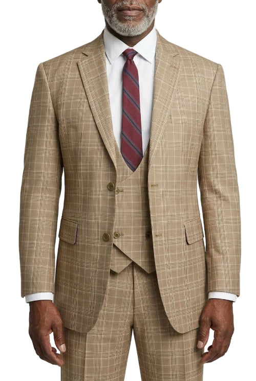 A man wearing a beige and brown windowpane plaid three-piece suit with a white dress shirt and a red striped tie, shown from the chin down against a light gray background.