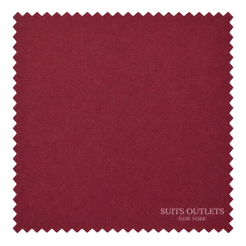 A square fabric swatch with serrated edges in a deep burgundy red color, featuring the text 'SUITS OUTLETS NEW YORK' in the bottom right corner, set against a plain white background.