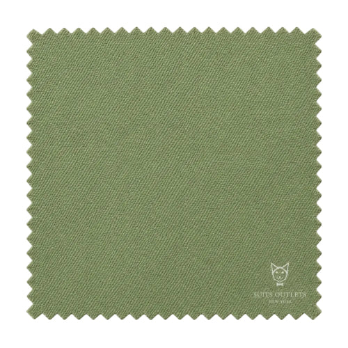 A square fabric swatch with serrated edges in a muted sage green color, featuring a small white printed logo in the bottom right corner that reads 'Notes Outlets New York' with a cat icon.