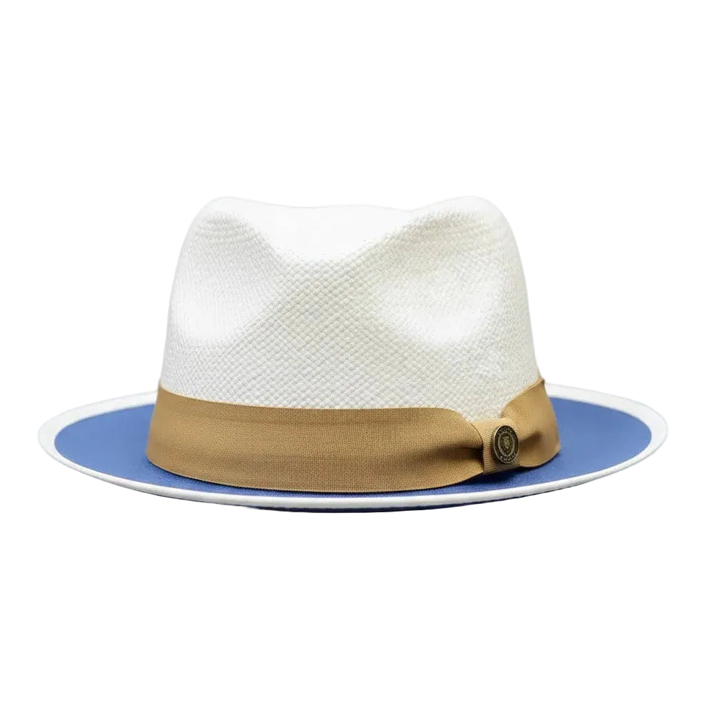 White straw hat with brown band and blue rim on a white background