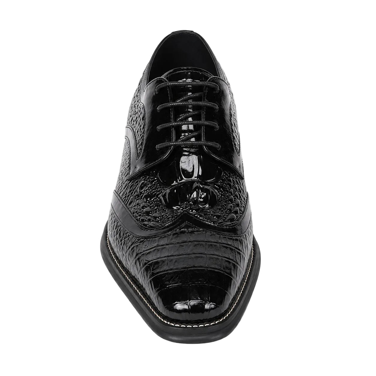 A single black leather oxford wingtip shoe with a glossy crocodile-embossed toe cap, brogue detailing, and black laces, shown from a front-facing perspective on a white background.