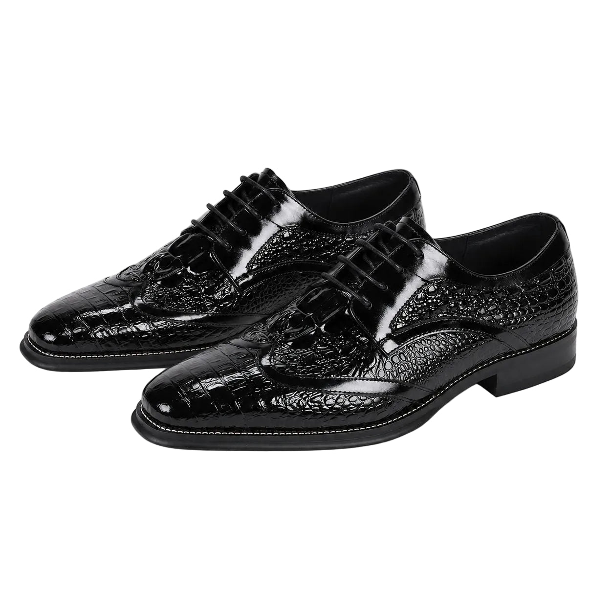 A pair of men's black lace-up dress shoes with a glossy crocodile-embossed patent leather toe cap and a textured leather upper, shown on a plain white background.