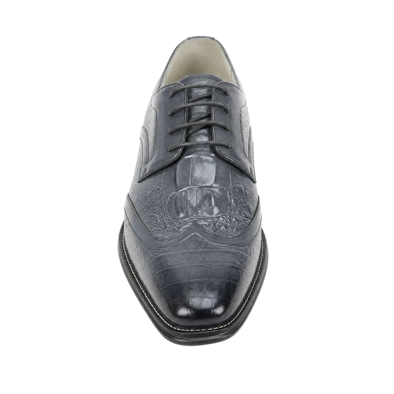 A single men's oxford dress shoe in dark charcoal gray crocodile-embossed leather, shown from a top-down perspective on a white background.