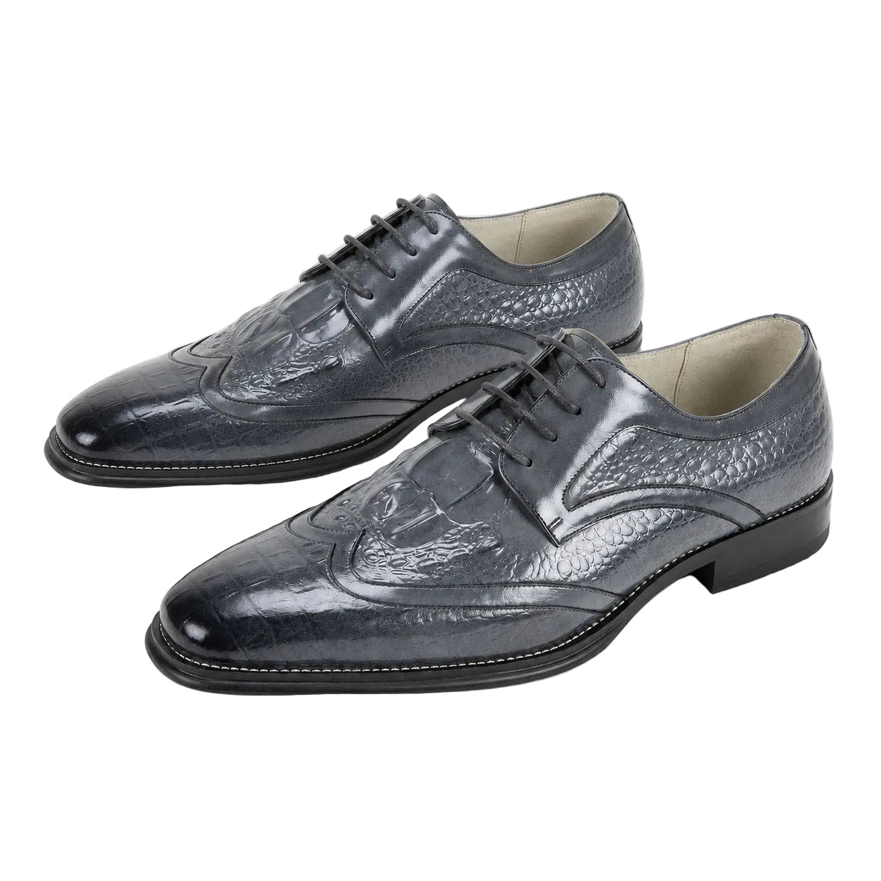 A pair of men's dark gray crocodile-embossed leather oxford shoes with wingtip detailing and laces, displayed on a clean white background.