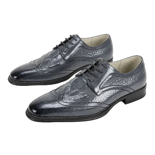 A pair of men's dark gray crocodile-embossed leather oxford shoes with wingtip detailing and laces, displayed on a clean white background.