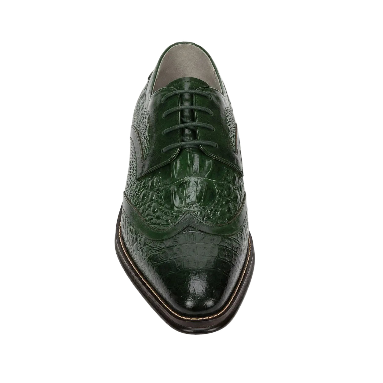A dark green brogue oxford shoe with crocodile-embossed detailing on the toe and vamp, featuring dark green laces, shown from a top-down perspective on a white background.