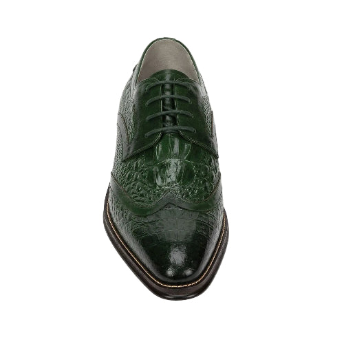 A dark green brogue oxford shoe with crocodile-embossed detailing on the toe and vamp, featuring dark green laces, shown from a top-down perspective on a white background.