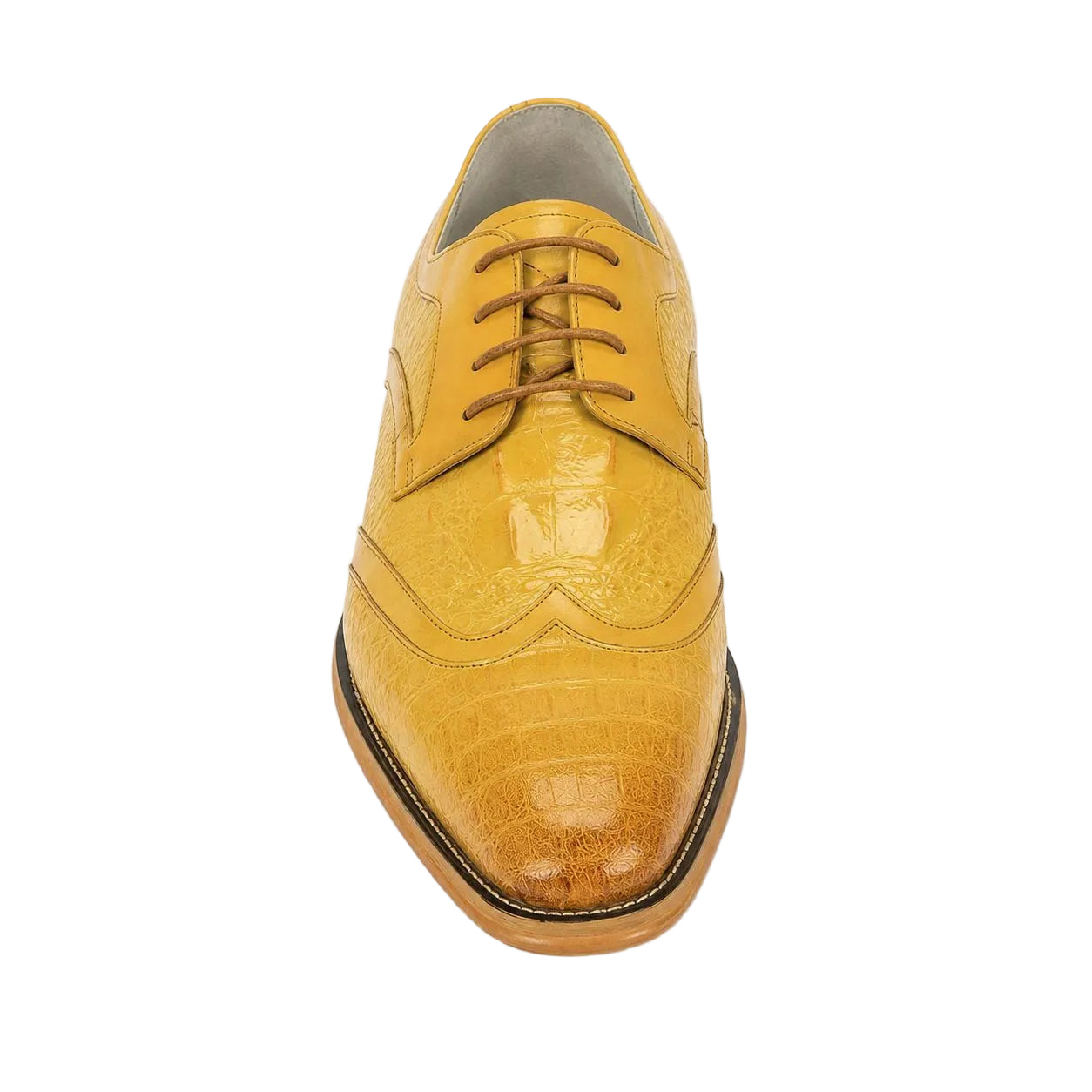 A single men's wingtip oxford shoe in a glossy mustard yellow crocodile-embossed leather, shown from a top-down perspective on a white background.