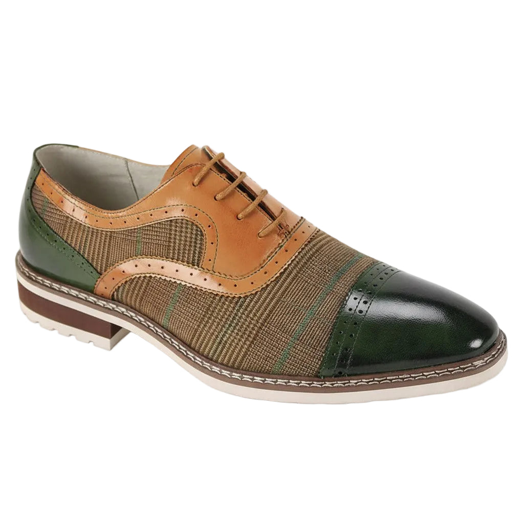 Sinclair Collection - Olive/Tan Plaid Leather Cap-Toe Dress Shoes