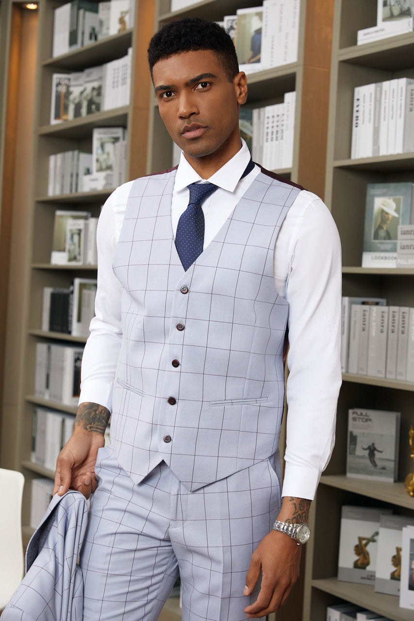 Stacy Adam 3 Piece Suit 2 Buttons Windowpane Hybrid Fit In Light Purple With Expandable Waist Band