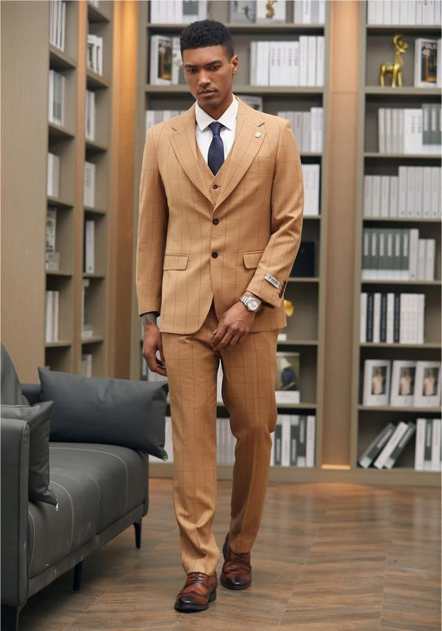 Stacy Adam 3 Piece Suit 2 Buttons Windowpane Hybrid Fit In Rust With Expandable Waist Band