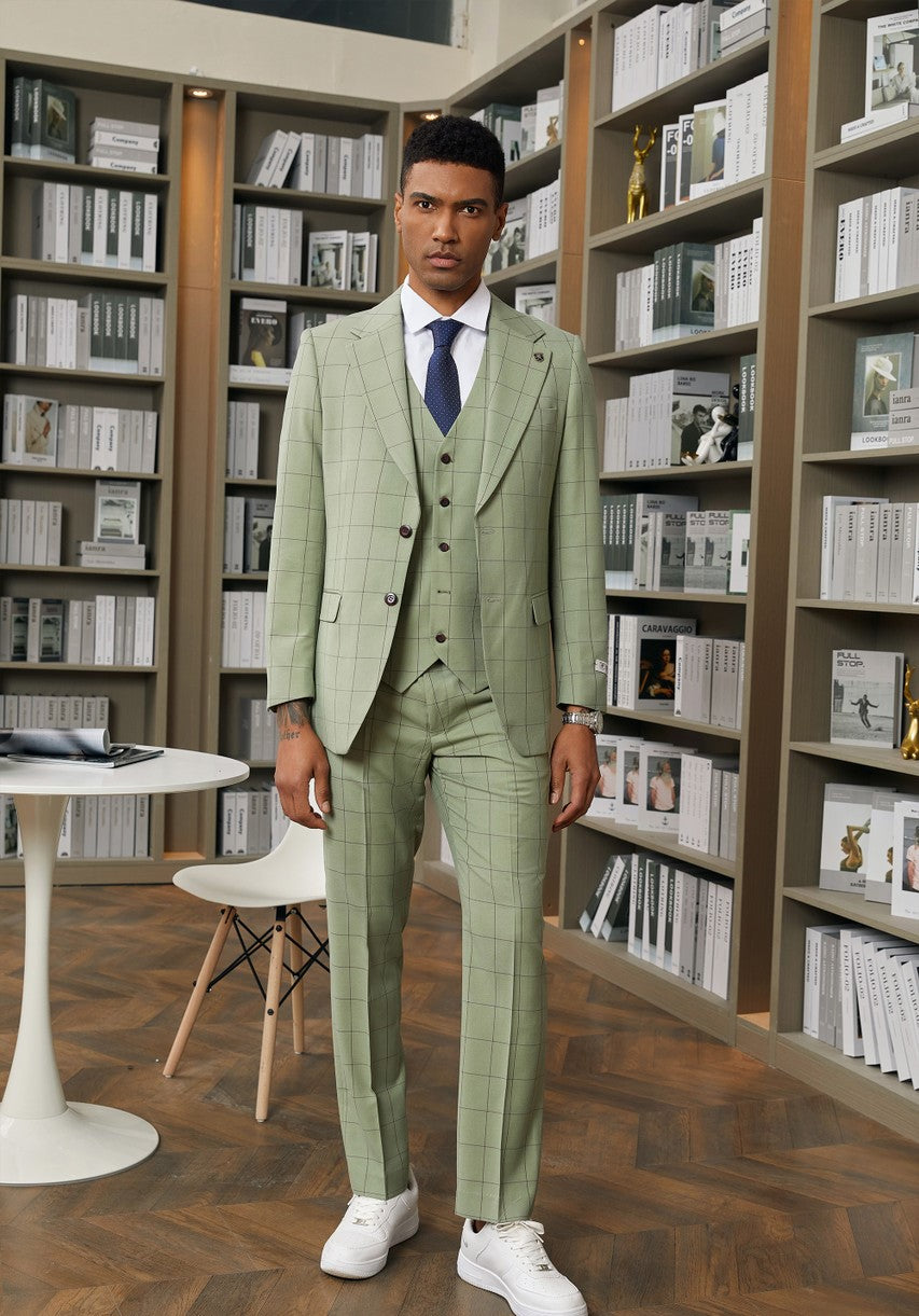 Stacy Adam 3 Piece Suit 2 Buttons Windowpane Hybrid Fit In Green With Expandable Waist Band