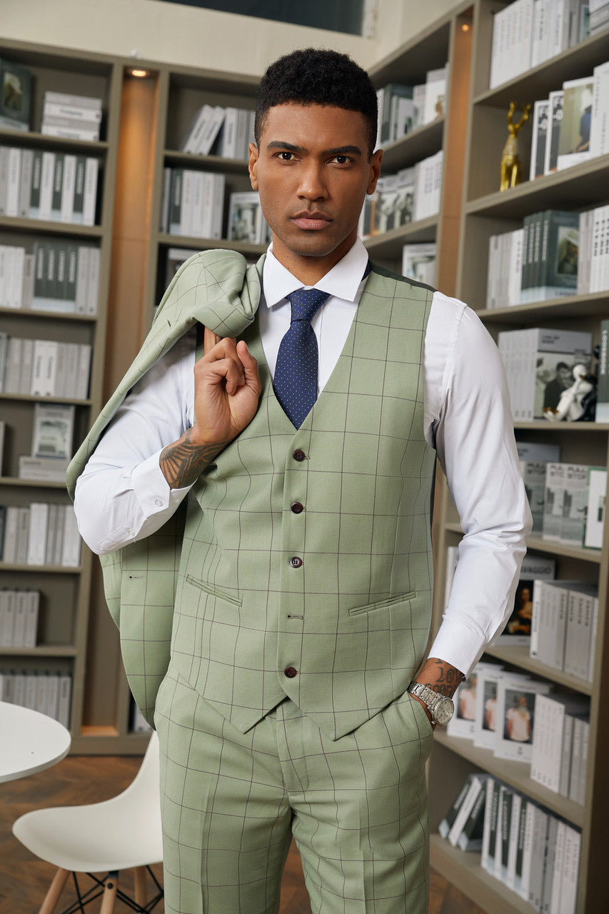 Stacy Adam 3 Piece Suit 2 Buttons Windowpane Hybrid Fit In Green With Expandable Waist Band