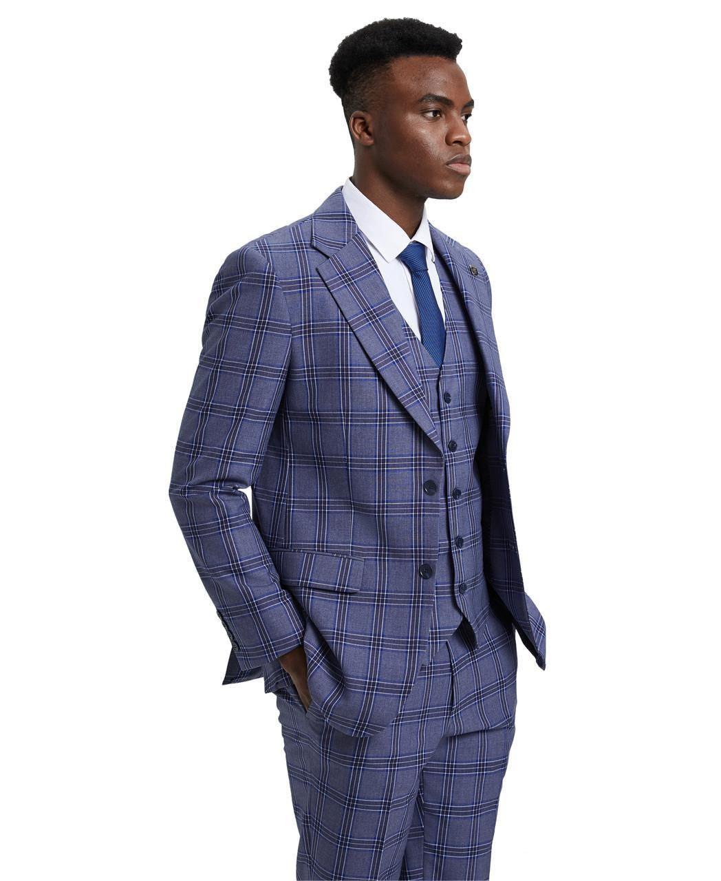 Stacy Adams 3 Piece Suit 2 Buttons Plaid Hybrid Fit in Purple with Adjustable Waistband