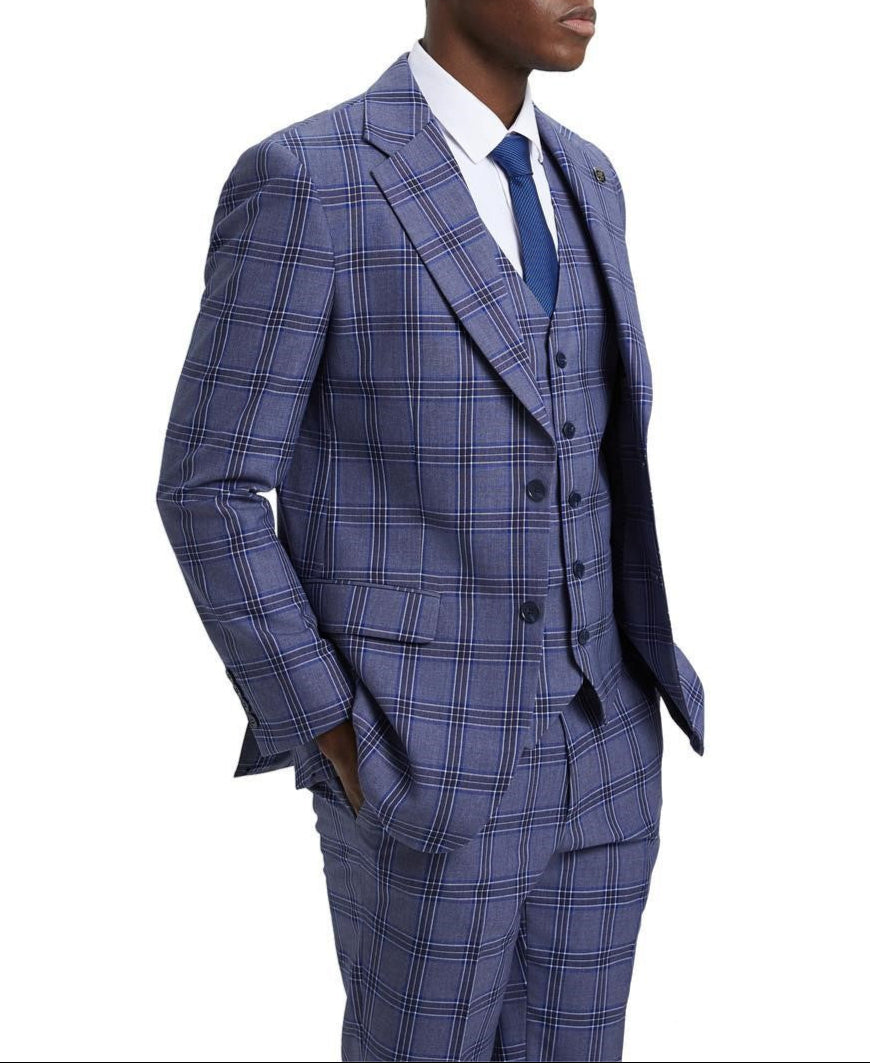 Stacy Adams Hybrid Fit Plaid 3 Piece Purple Suit